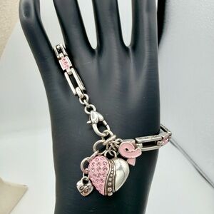 BRIGHTON Pink Ribbon Breast Cancer Awareness Charm Bracelet Silver Crystal Heart